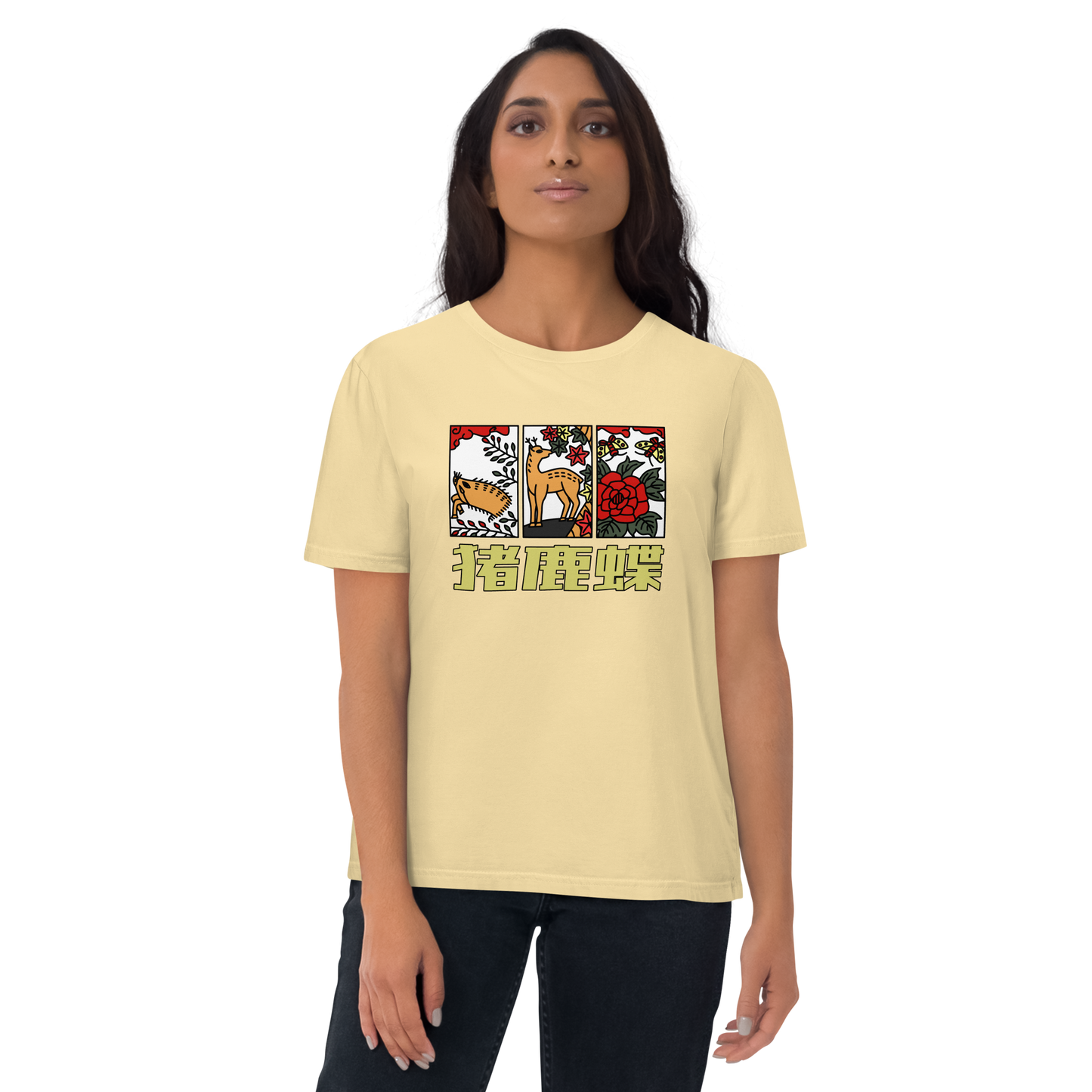 [Hanafuda] Camiseta moderna mariposa ciervo jabalí (unisex)