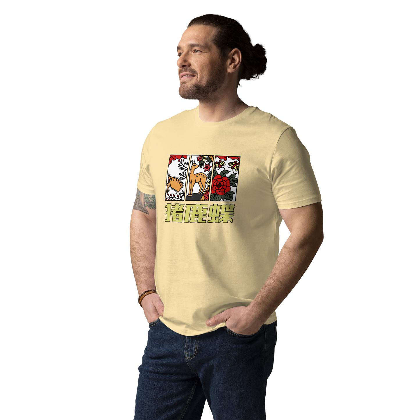 [Hanafuda] Camiseta moderna mariposa ciervo jabalí (unisex)